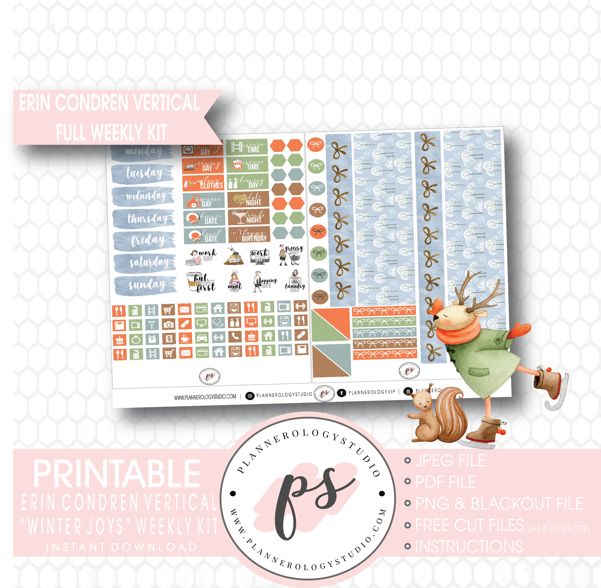 Winter Joys Full Weekly Kit Printable Planner Digital Stickers (for use with Erin Condren Vertical) - Plannerologystudio