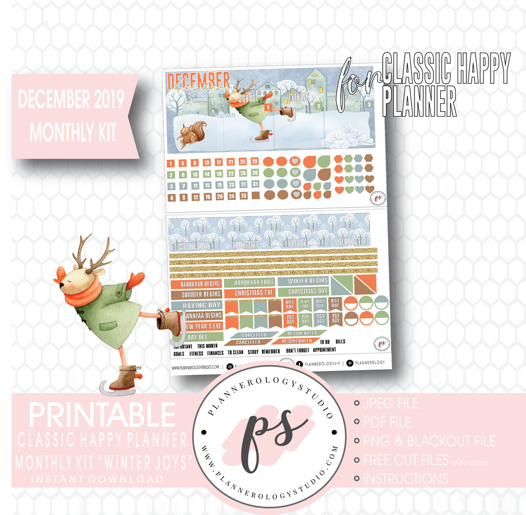 Winter Joys December 2019 Monthly View Kit Digital Printable Planner Stickers (for use with Classic Happy Planner) - Plannerologystudio