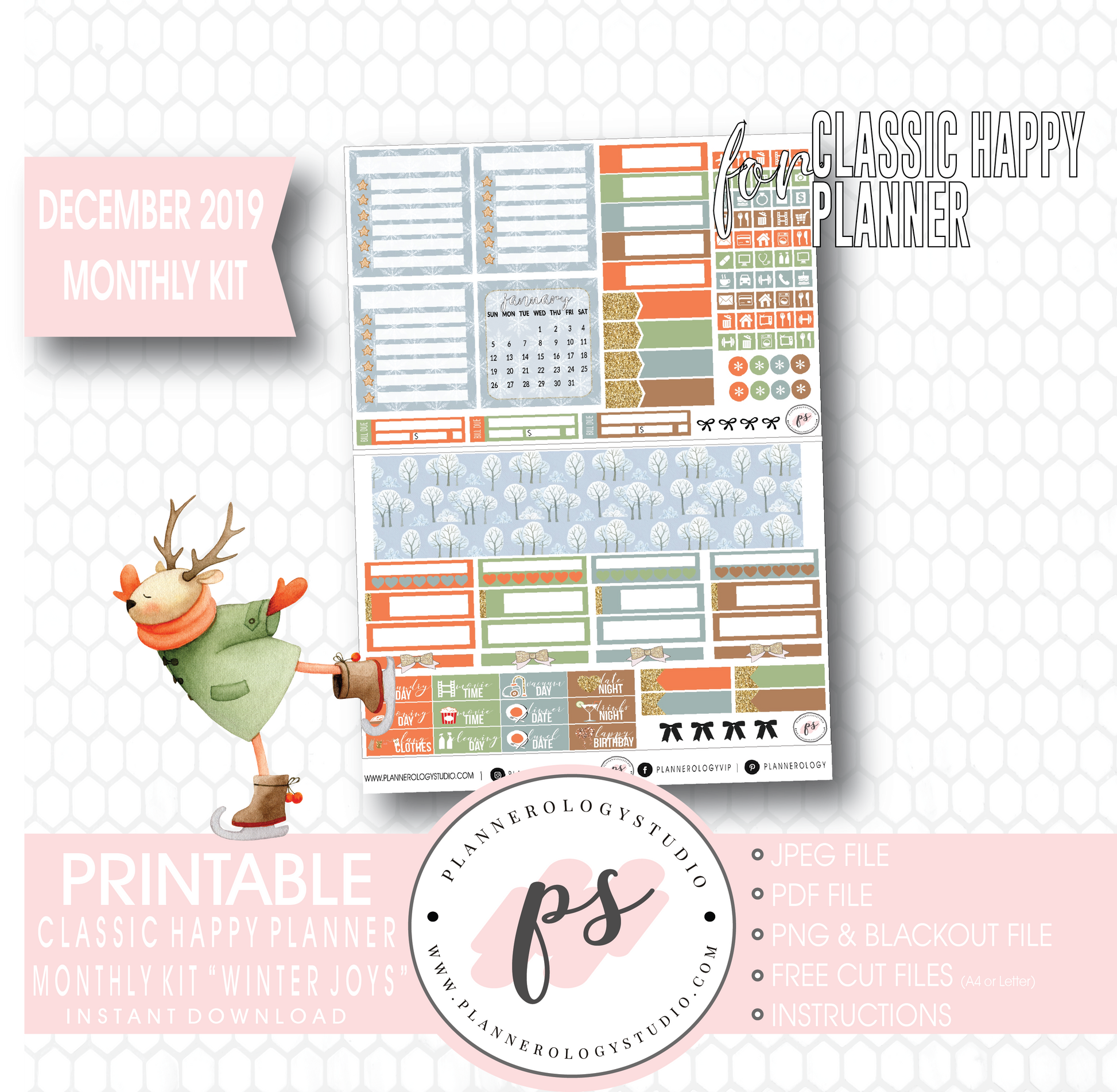 Winter Joys December 2019 Monthly View Kit Digital Printable Planner Stickers (for use with Classic Happy Planner) - Plannerologystudio