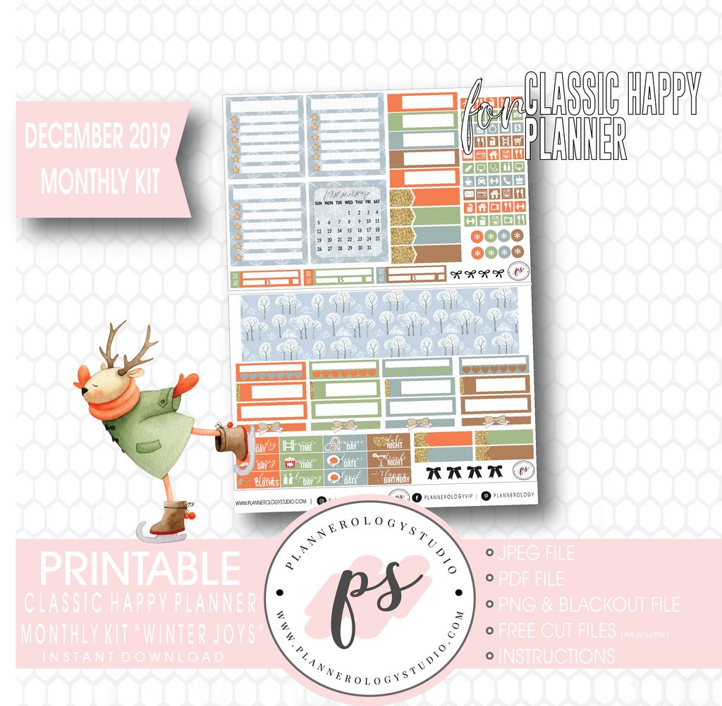 Winter Joys December 2019 Monthly View Kit Digital Printable Planner Stickers (for use with Classic Happy Planner) - Plannerologystudio
