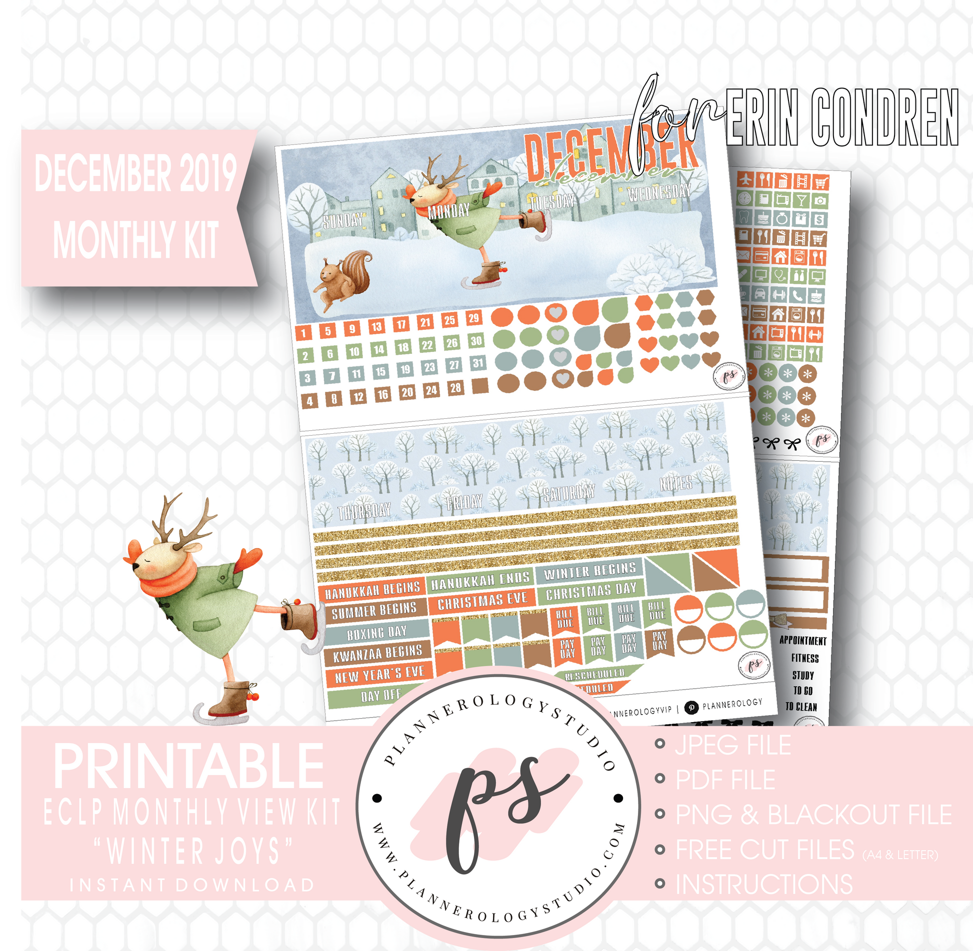 Winter Joys December 2019 Monthly View Kit Digital Printable Planner Stickers (for use with Erin Condren) - Plannerologystudio