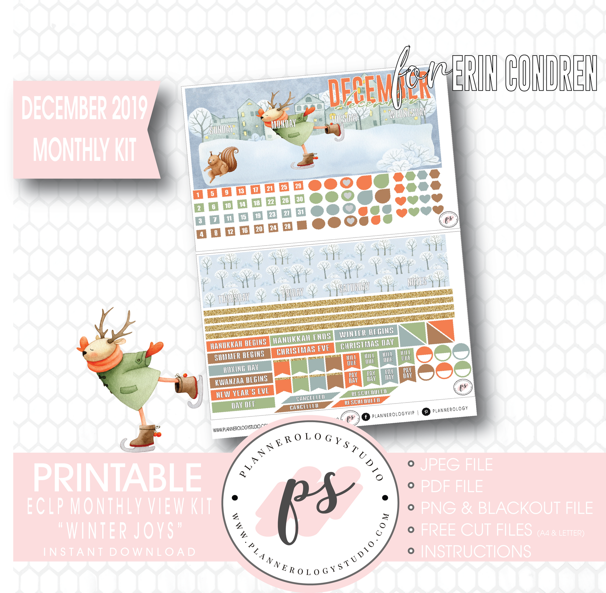 Winter Joys December 2019 Monthly View Kit Digital Printable Planner Stickers (for use with Erin Condren) - Plannerologystudio