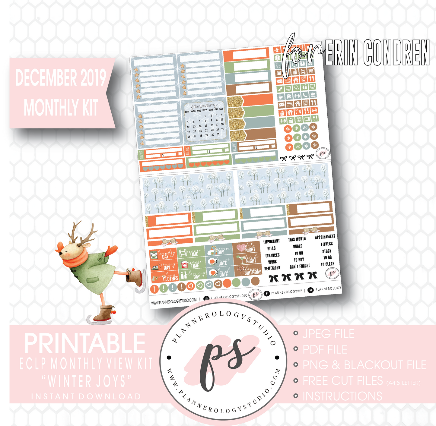 Winter Joys December 2019 Monthly View Kit Digital Printable Planner Stickers (for use with Erin Condren) - Plannerologystudio