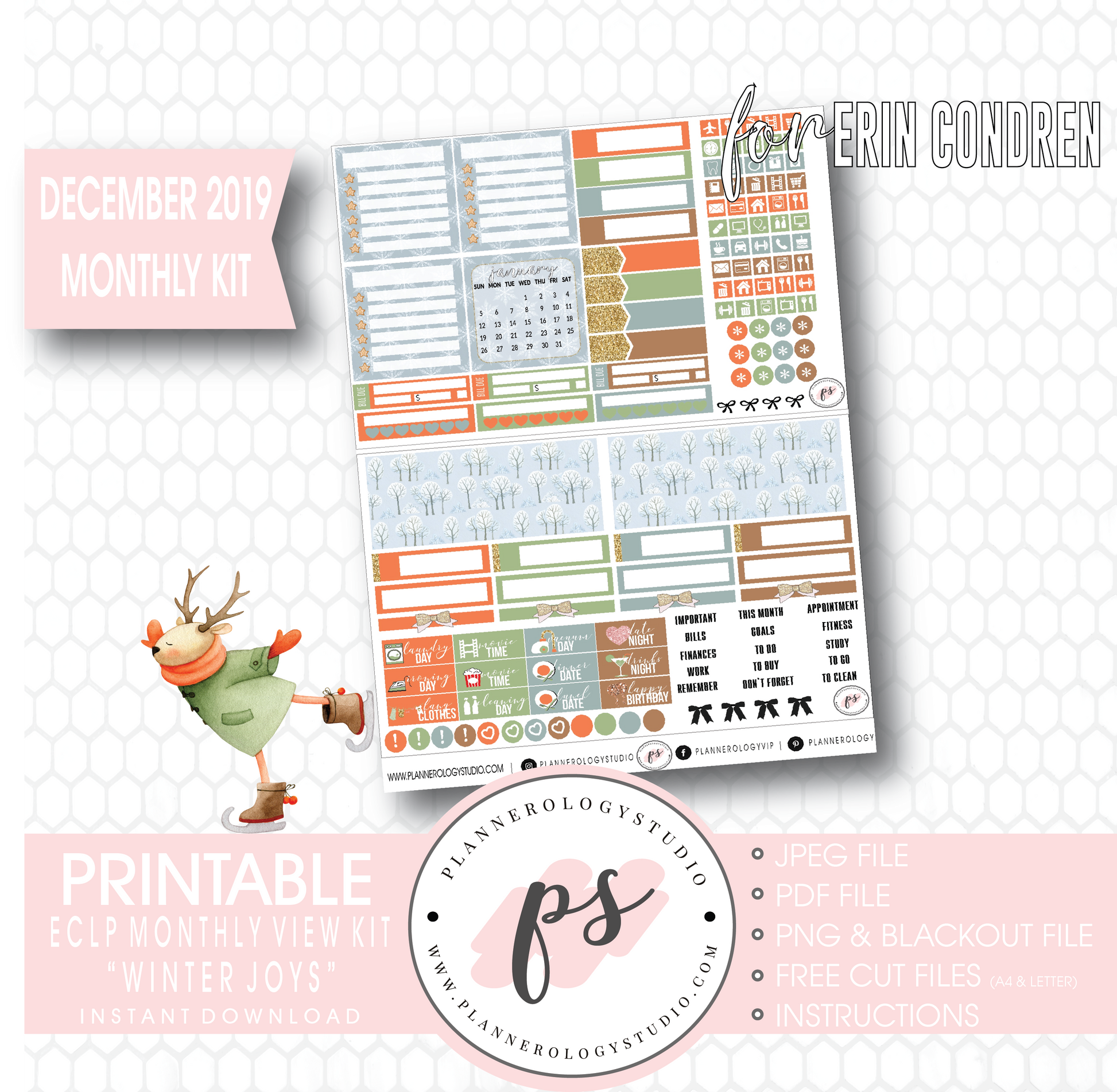 Winter Joys December 2019 Monthly View Kit Digital Printable Planner Stickers (for use with Erin Condren) - Plannerologystudio