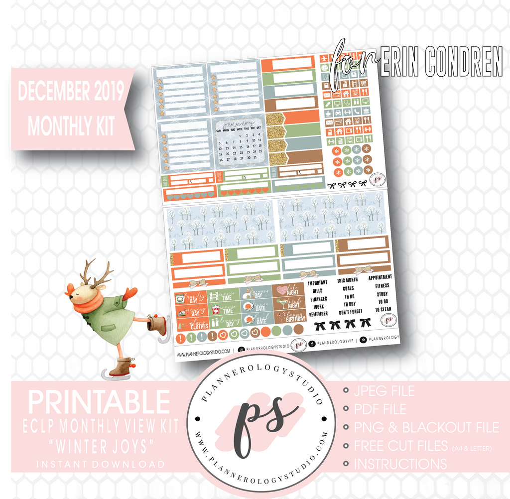 Winter Joys December 2019 Monthly View Kit Digital Printable Planner Stickers (for use with Erin Condren) - Plannerologystudio