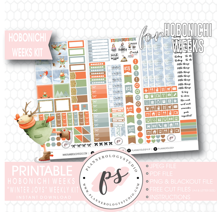 Winter Joys Weekly Kit Printable Digital Planner Stickers (for use with Hobonichi Weeks) - Plannerologystudio