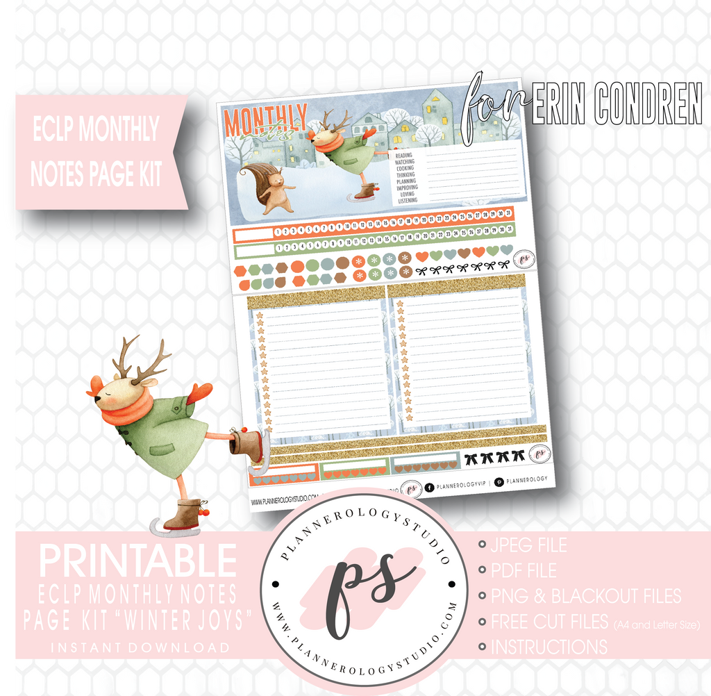Winter Joys Monthly Notes Page Kit Digital Printable Planner Stickers (for use with Erin Condren) - Plannerologystudio
