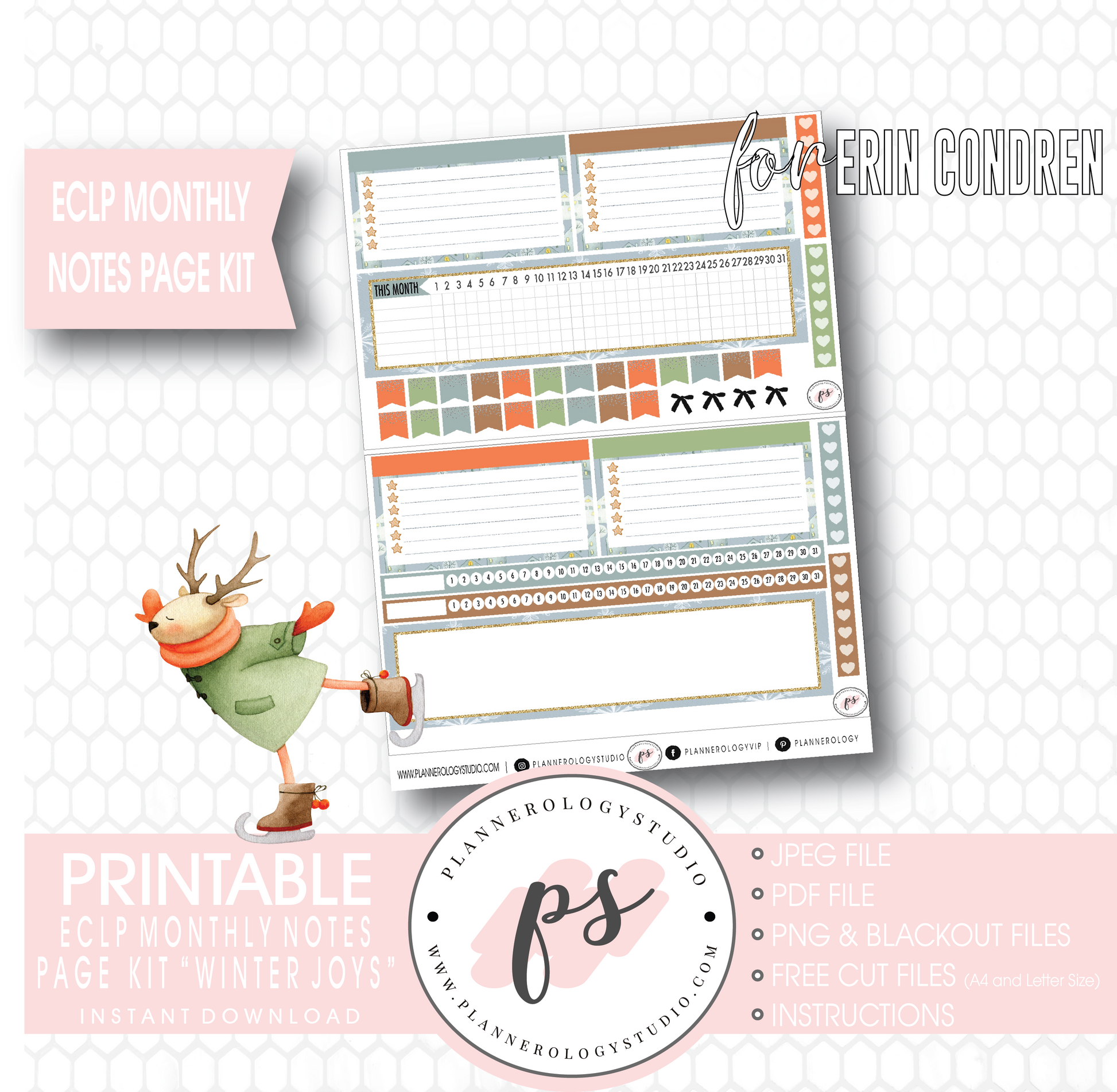 Winter Joys Monthly Notes Page Kit Digital Printable Planner Stickers (for use with Erin Condren) - Plannerologystudio