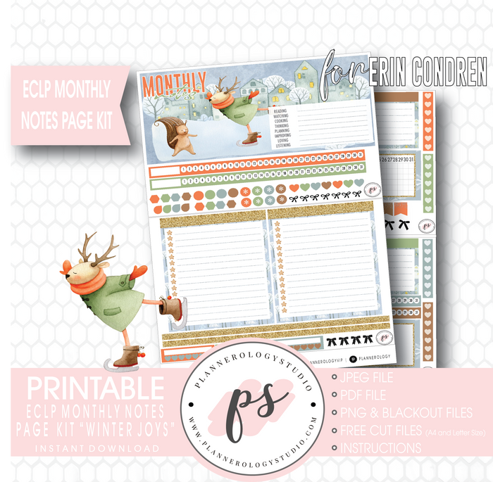 Winter Joys Monthly Notes Page Kit Digital Printable Planner Stickers (for use with Erin Condren) - Plannerologystudio
