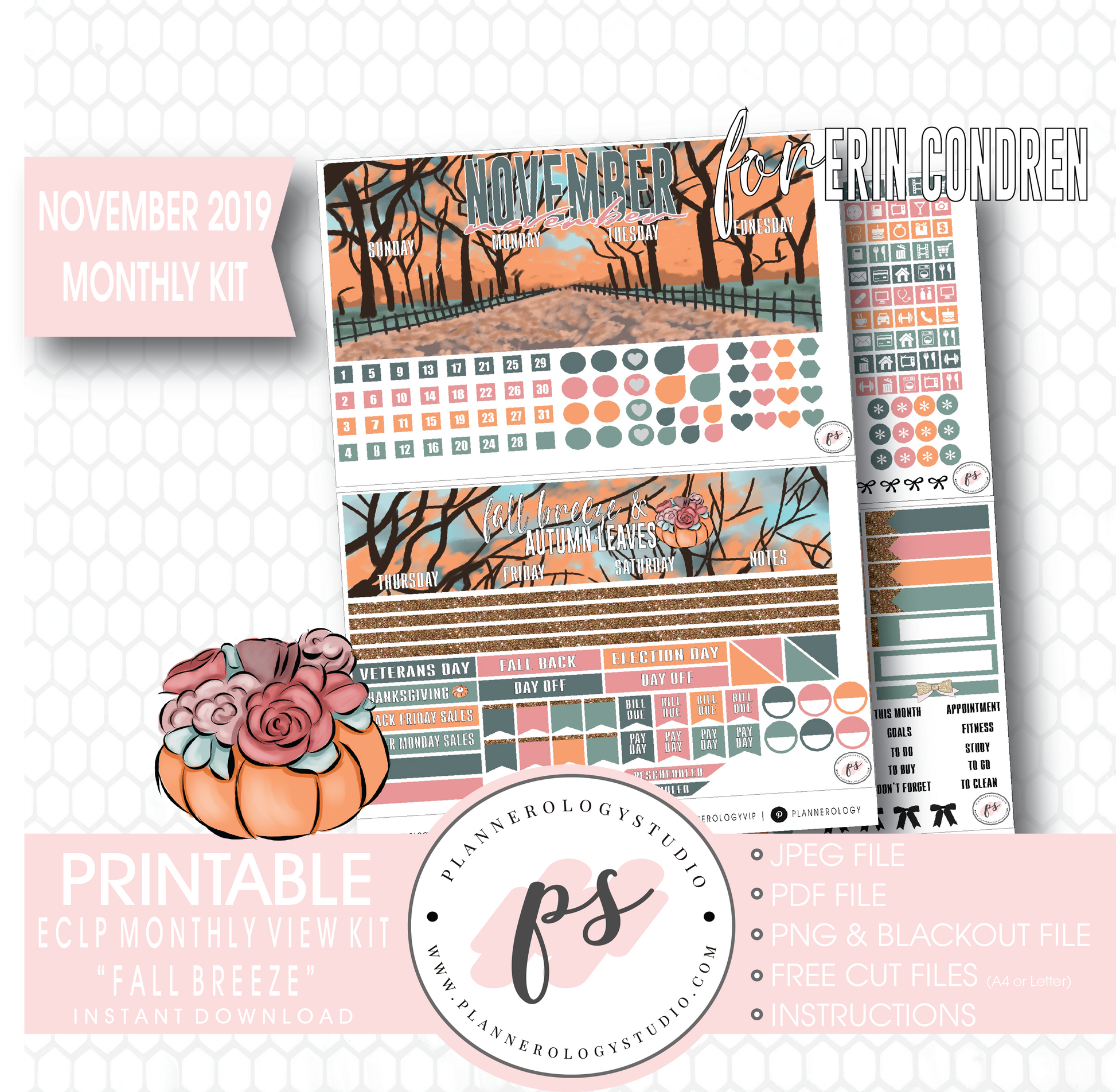 Fall Breeze November 2019 Monthly View Kit Digital Printable Planner Stickers (for use with Erin Condren) - Plannerologystudio
