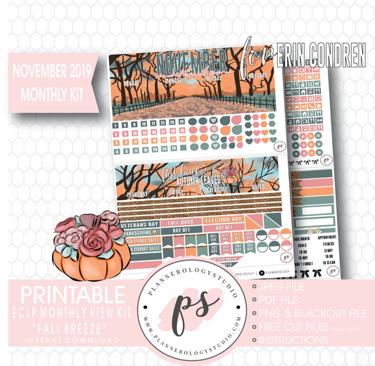 Fall Breeze November 2019 Monthly View Kit Digital Printable Planner Stickers (for use with Erin Condren) - Plannerologystudio