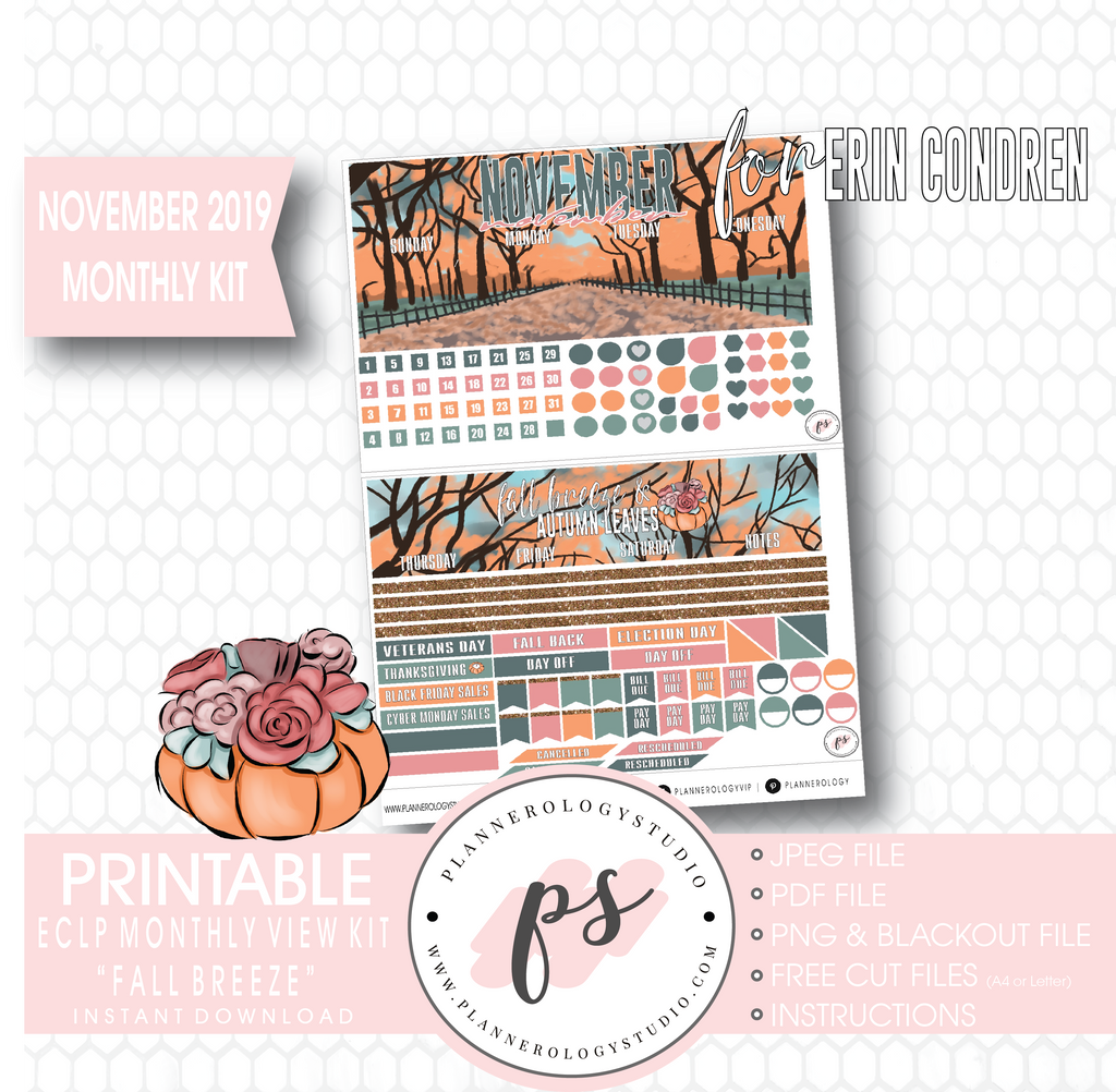 Fall Breeze November 2019 Monthly View Kit Digital Printable Planner Stickers (for use with Erin Condren) - Plannerologystudio