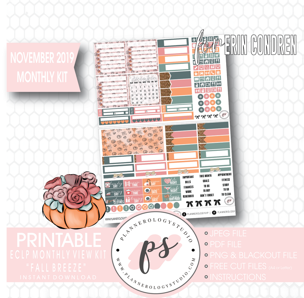 Fall Breeze November 2019 Monthly View Kit Digital Printable Planner Stickers (for use with Erin Condren) - Plannerologystudio