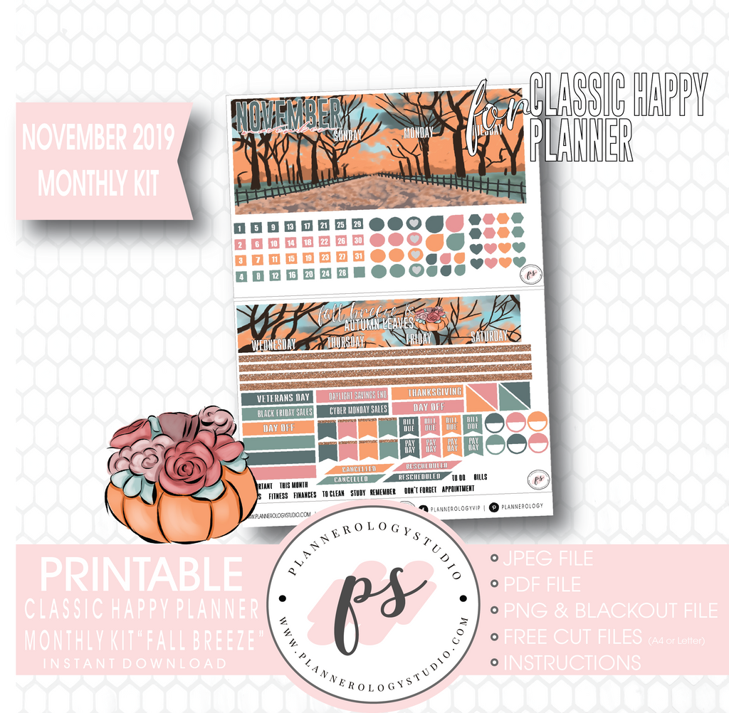 Fall Breeze November 2019 Monthly View Kit Digital Printable Planner Stickers (for use with Classic Happy Planner) - Plannerologystudio
