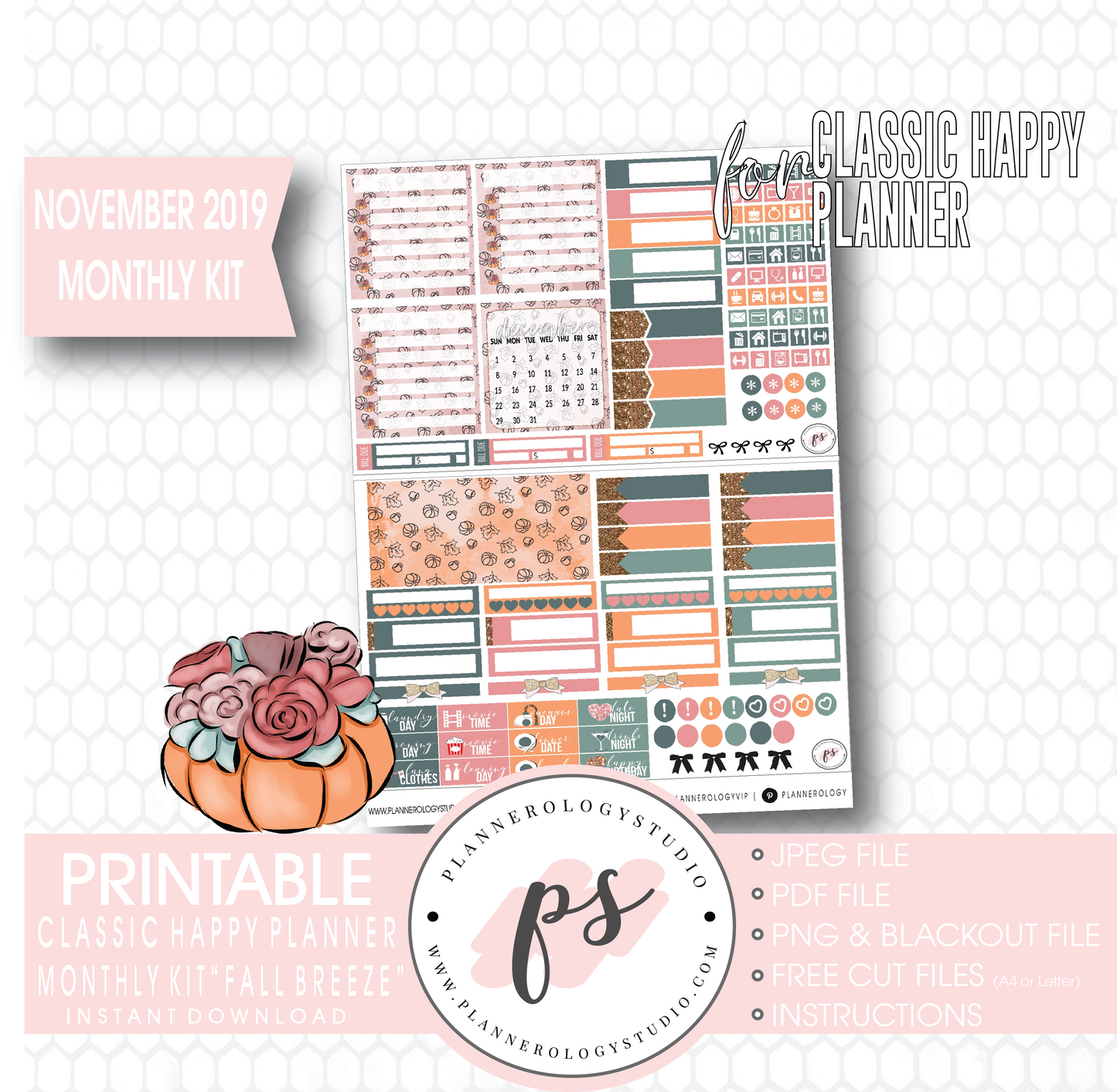 Fall Breeze November 2019 Monthly View Kit Digital Printable Planner Stickers (for use with Classic Happy Planner) - Plannerologystudio