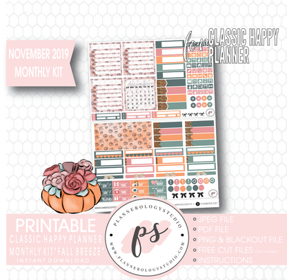 Fall Breeze November 2019 Monthly View Kit Digital Printable Planner Stickers (for use with Classic Happy Planner) - Plannerologystudio