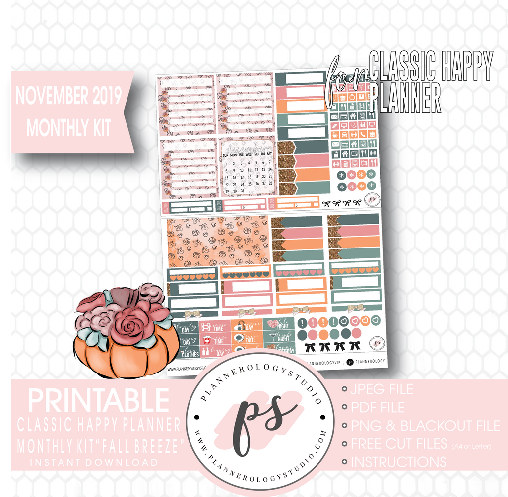 Fall Breeze November 2019 Monthly View Kit Digital Printable Planner Stickers (for use with Classic Happy Planner) - Plannerologystudio