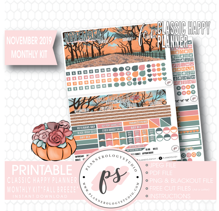 Fall Breeze November 2019 Monthly View Kit Digital Printable Planner Stickers (for use with Classic Happy Planner) - Plannerologystudio