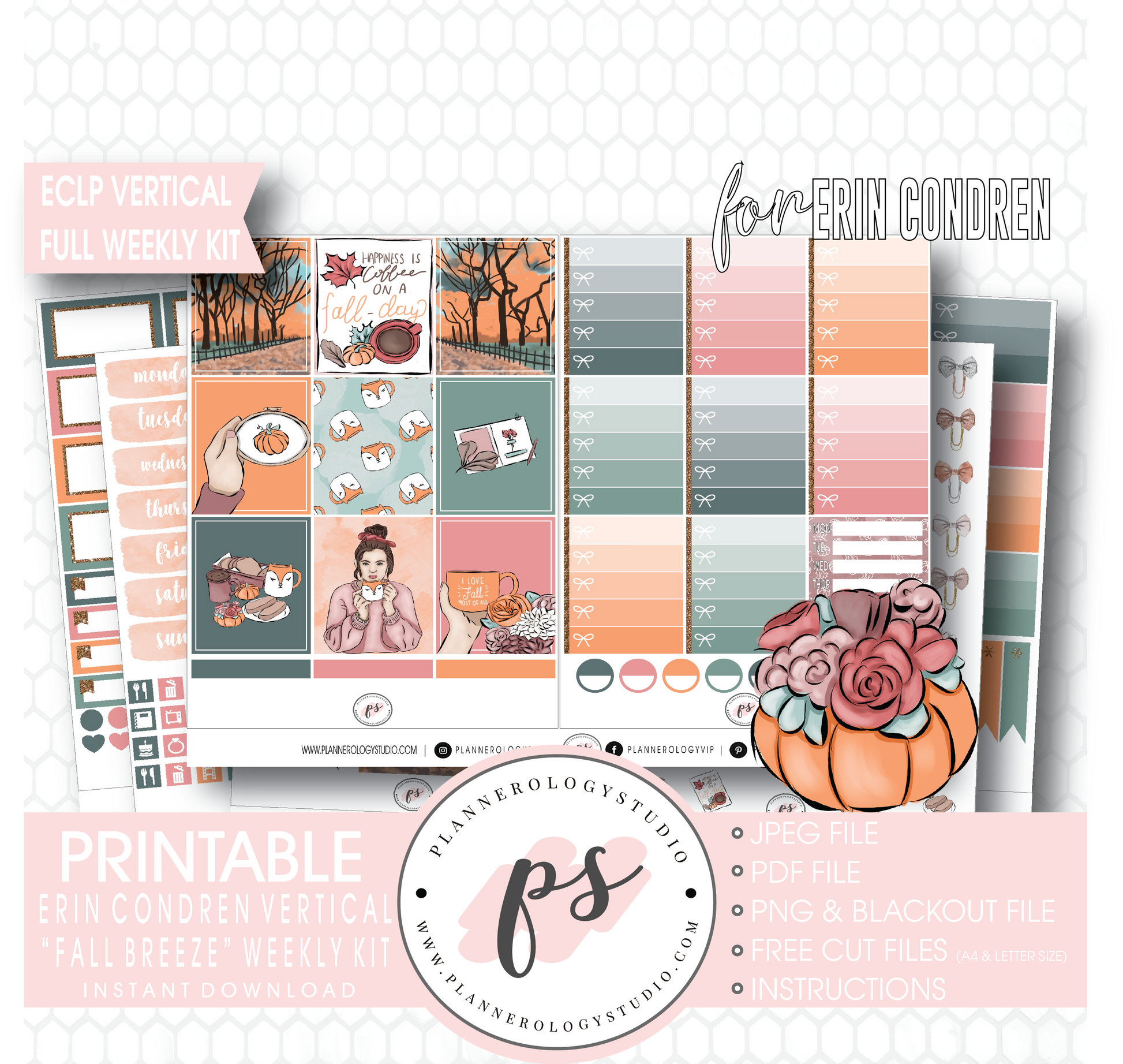 Fall Breeze Full Weekly Kit Printable Planner Digital Stickers (for use with Erin Condren Vertical) - Plannerologystudio