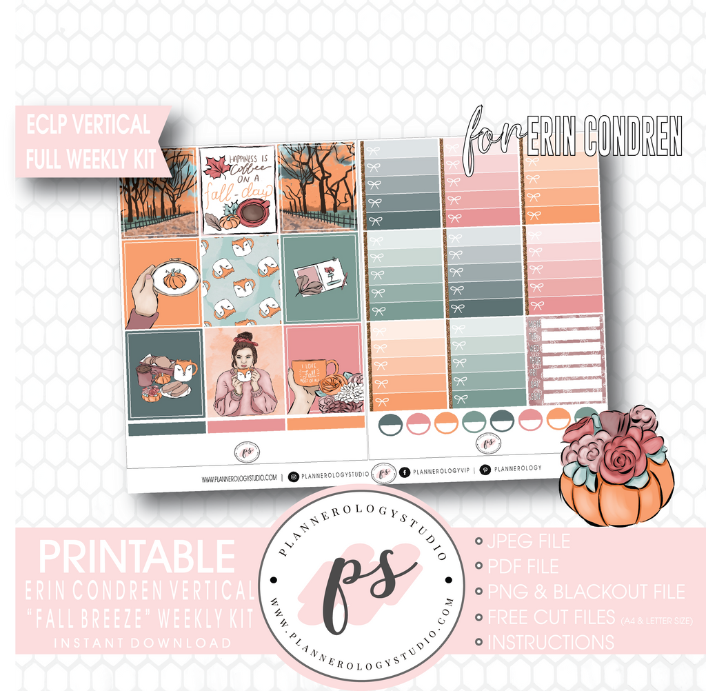 Fall Breeze Full Weekly Kit Printable Planner Digital Stickers (for use with Erin Condren Vertical) - Plannerologystudio