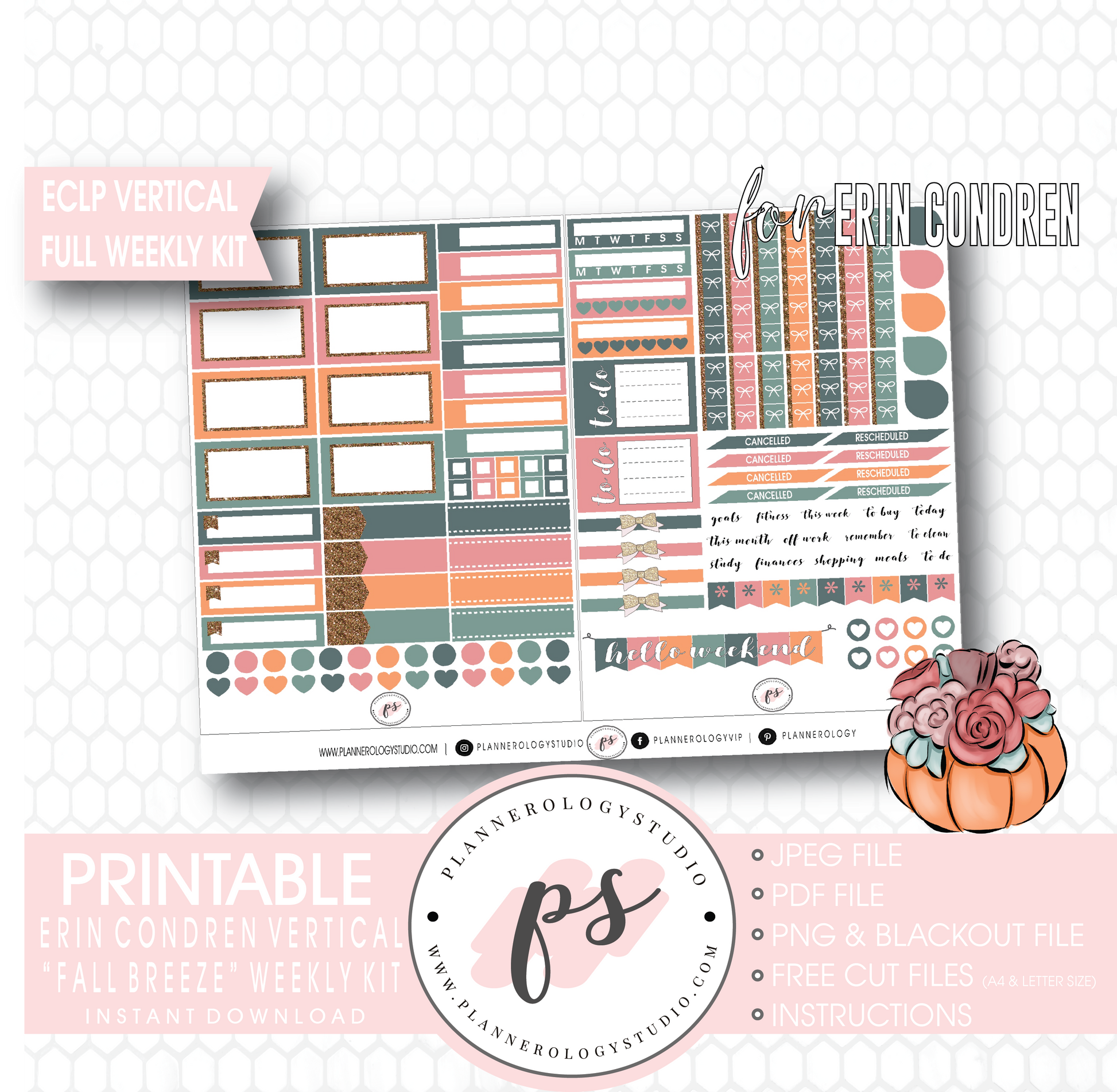 Fall Breeze Full Weekly Kit Printable Planner Digital Stickers (for use with Erin Condren Vertical) - Plannerologystudio