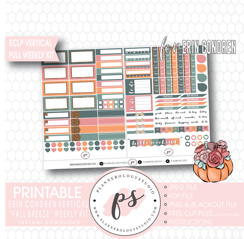 Fall Breeze Full Weekly Kit Printable Planner Digital Stickers (for use with Erin Condren Vertical) - Plannerologystudio