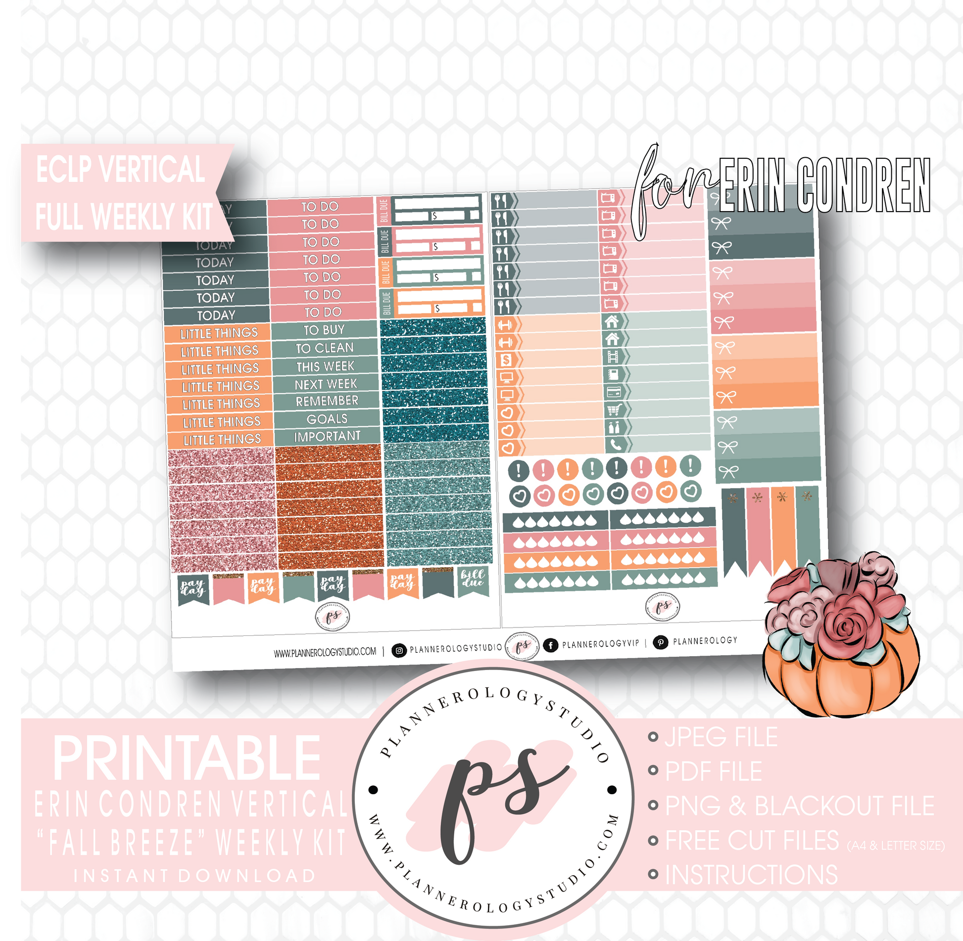 Fall Breeze Full Weekly Kit Printable Planner Digital Stickers (for use with Erin Condren Vertical) - Plannerologystudio