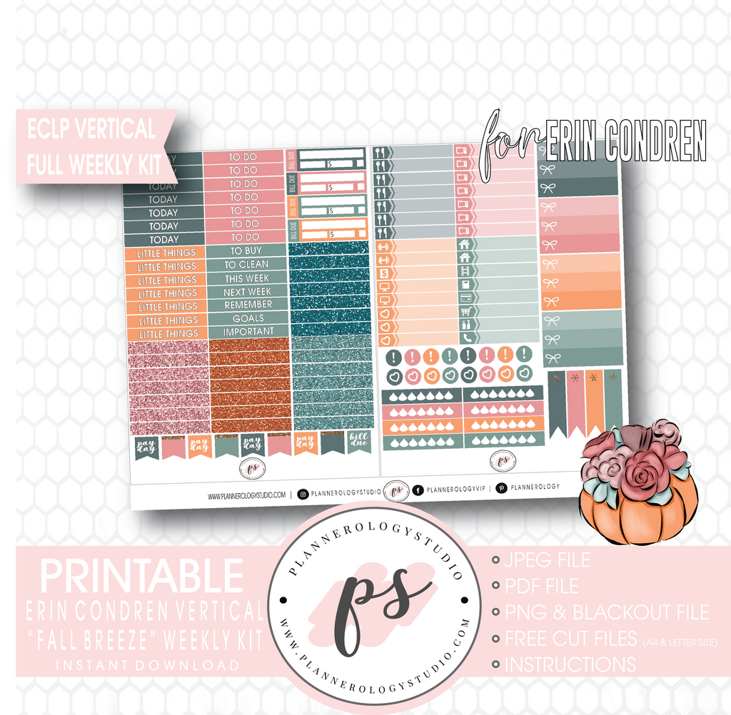 Fall Breeze Full Weekly Kit Printable Planner Digital Stickers (for use with Erin Condren Vertical) - Plannerologystudio