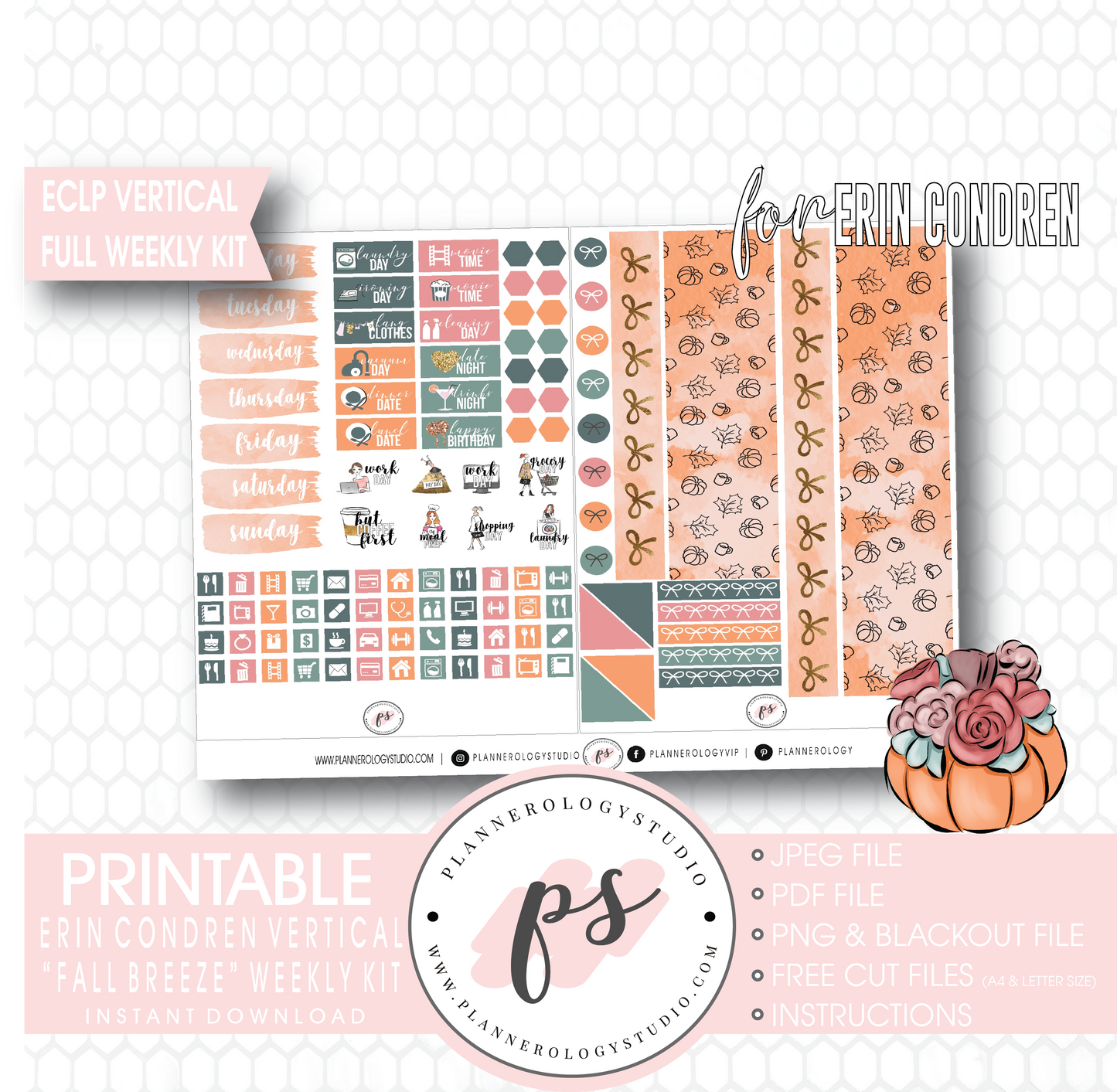 Fall Breeze Full Weekly Kit Printable Planner Digital Stickers (for use with Erin Condren Vertical) - Plannerologystudio