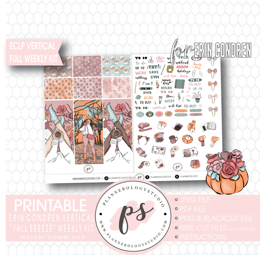 Fall Breeze Full Weekly Kit Printable Planner Digital Stickers (for use with Erin Condren Vertical) - Plannerologystudio