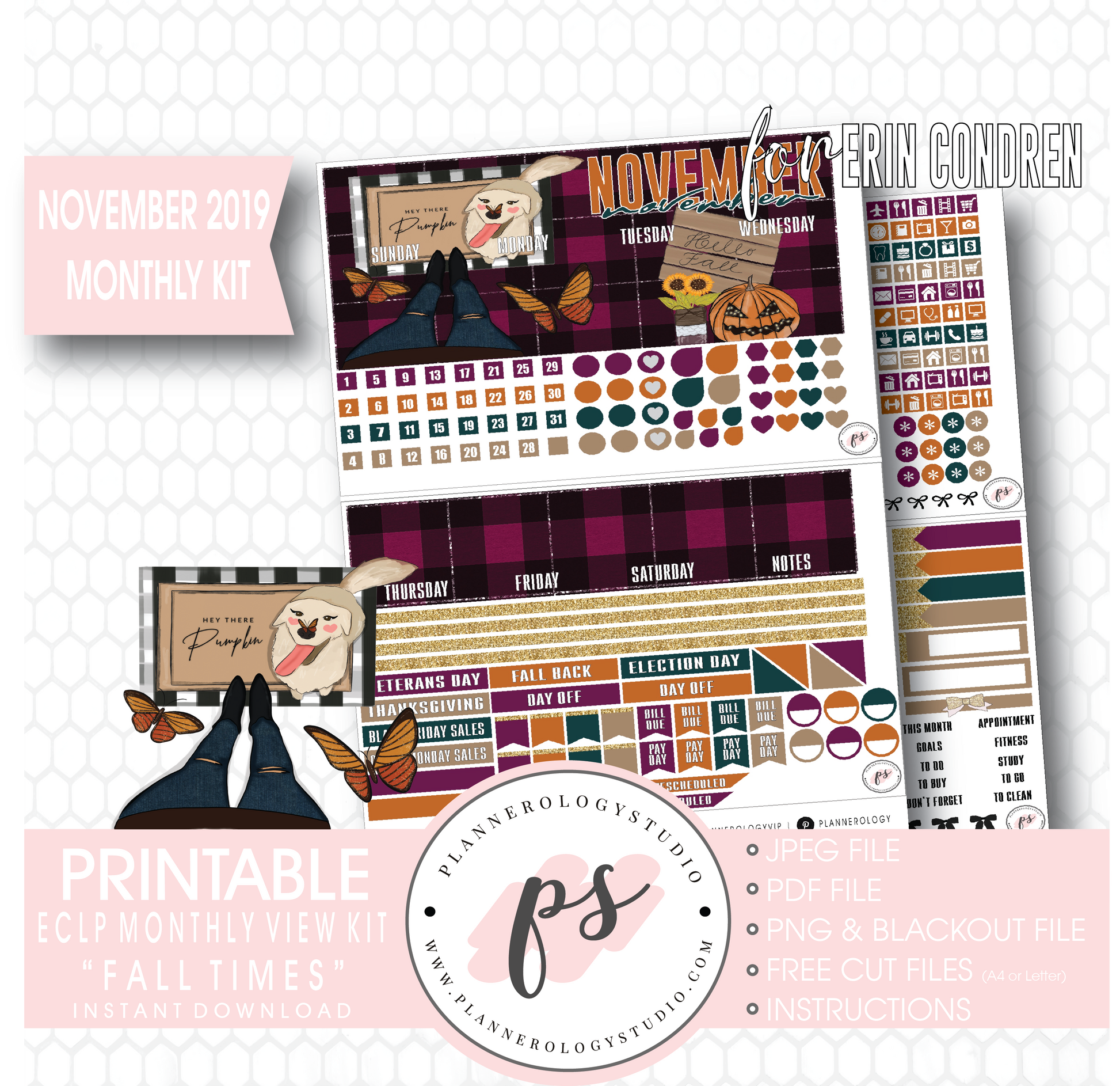 Fall Times November 2019 Monthly View Kit Digital Printable Planner Stickers (for use with Erin Condren) - Plannerologystudio