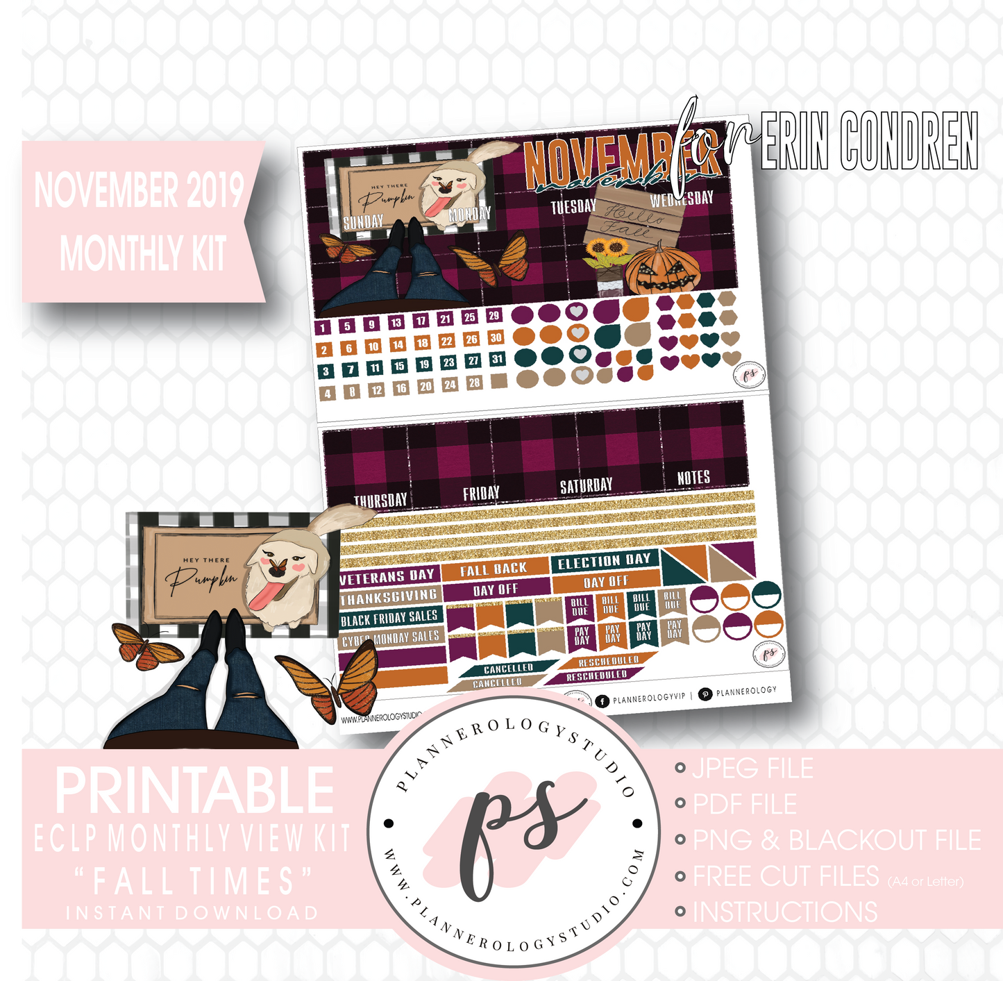 Fall Times November 2019 Monthly View Kit Digital Printable Planner Stickers (for use with Erin Condren) - Plannerologystudio