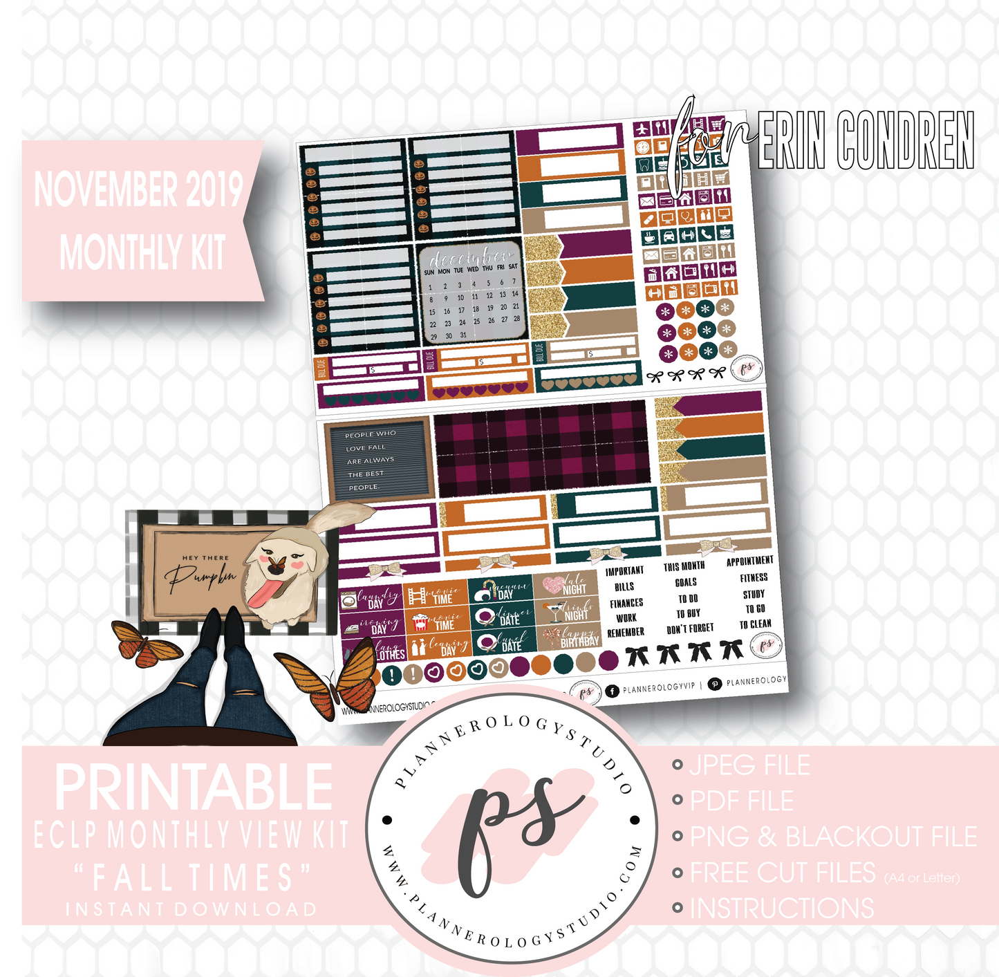 Fall Times November 2019 Monthly View Kit Digital Printable Planner Stickers (for use with Erin Condren) - Plannerologystudio