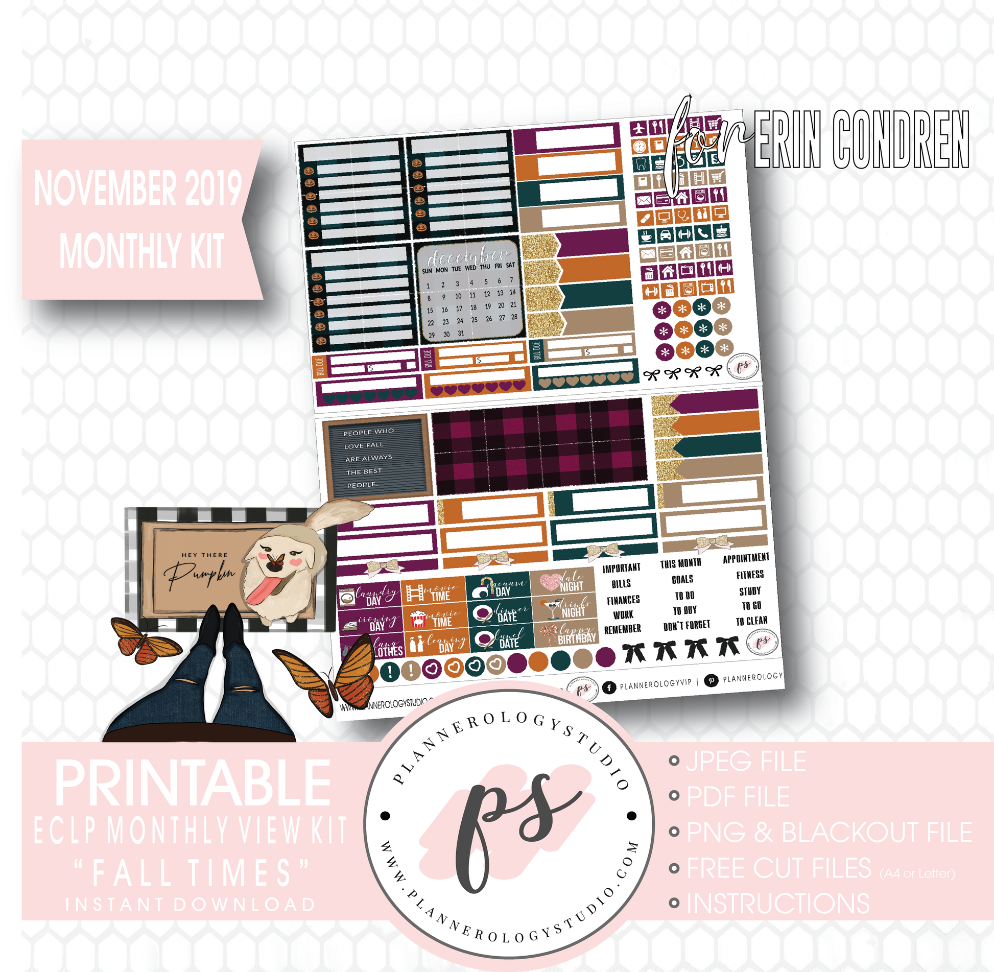 Fall Times November 2019 Monthly View Kit Digital Printable Planner Stickers (for use with Erin Condren) - Plannerologystudio