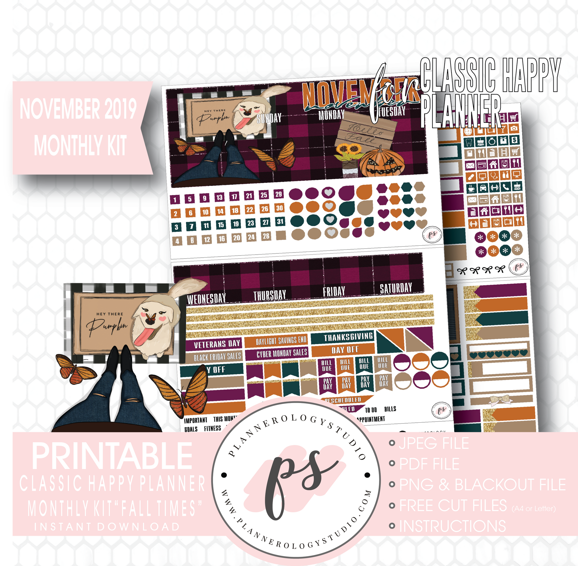 Fall Times November 2019 Monthly View Kit Digital Printable Planner Stickers (for use with Classic Happy Planner) - Plannerologystudio