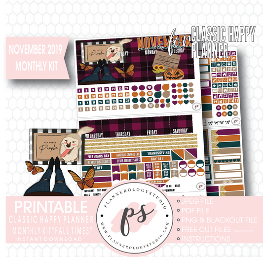 Fall Times November 2019 Monthly View Kit Digital Printable Planner Stickers (for use with Classic Happy Planner) - Plannerologystudio