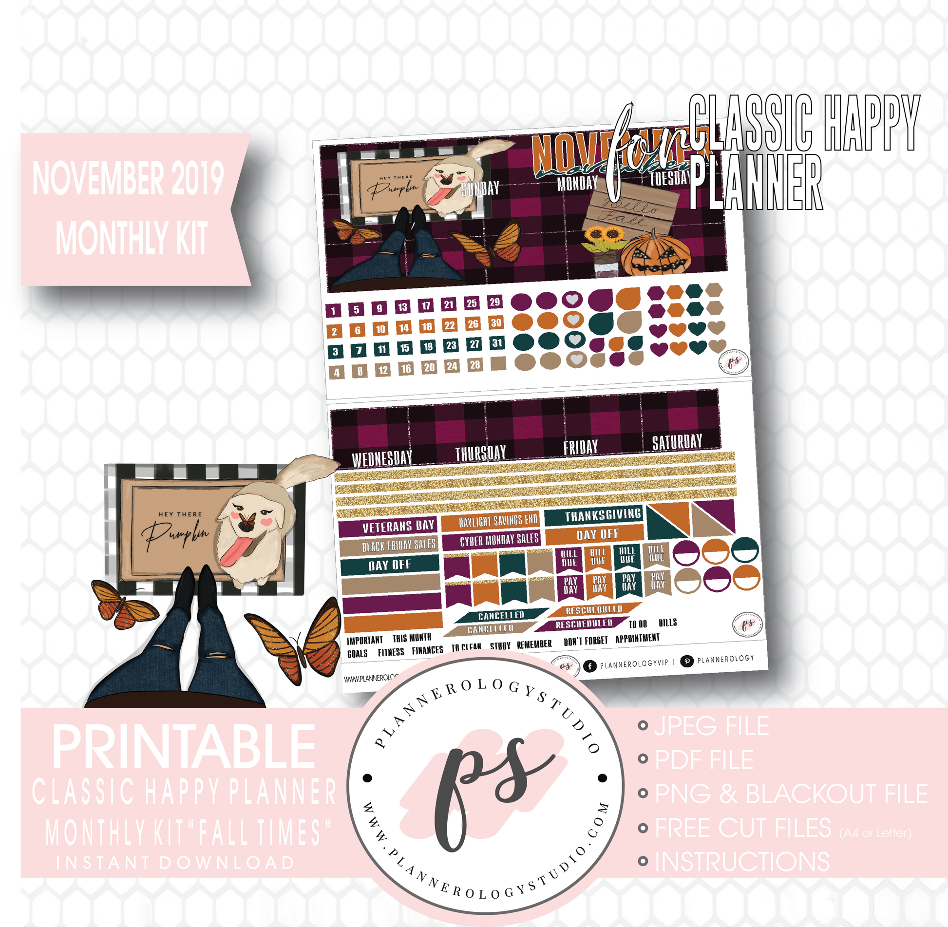 Fall Times November 2019 Monthly View Kit Digital Printable Planner Stickers (for use with Classic Happy Planner) - Plannerologystudio