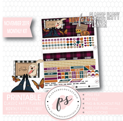 Fall Times November 2019 Monthly View Kit Digital Printable Planner Stickers (for use with Classic Happy Planner) - Plannerologystudio
