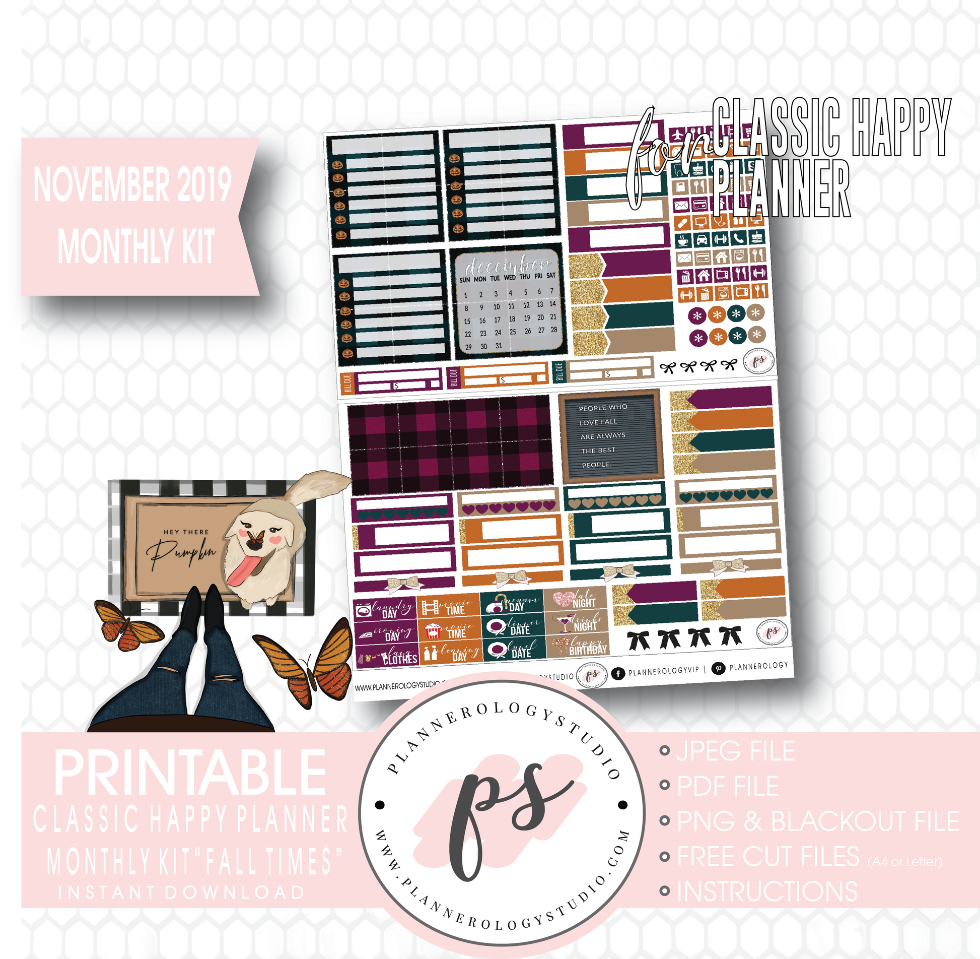 Fall Times November 2019 Monthly View Kit Digital Printable Planner Stickers (for use with Classic Happy Planner) - Plannerologystudio
