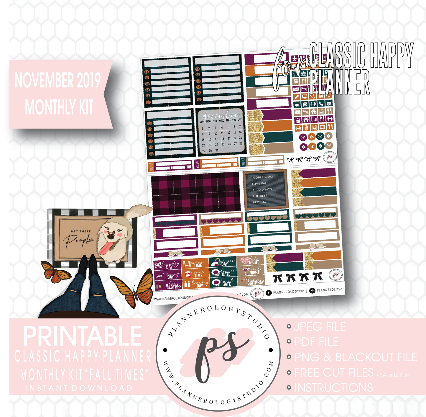 Fall Times November 2019 Monthly View Kit Digital Printable Planner Stickers (for use with Classic Happy Planner) - Plannerologystudio