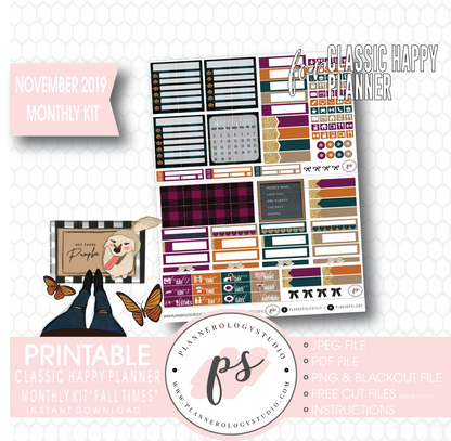 Fall Times November 2019 Monthly View Kit Digital Printable Planner Stickers (for use with Classic Happy Planner) - Plannerologystudio