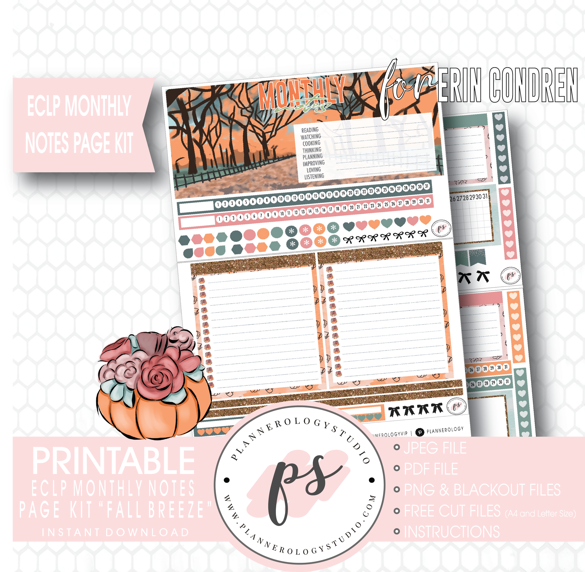 Fall Breeze Monthly Notes Page Kit Digital Printable Planner Stickers (for use with Erin Condren) - Plannerologystudio