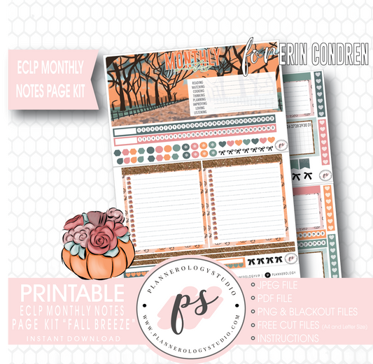 Fall Breeze Monthly Notes Page Kit Digital Printable Planner Stickers (for use with Erin Condren) - Plannerologystudio