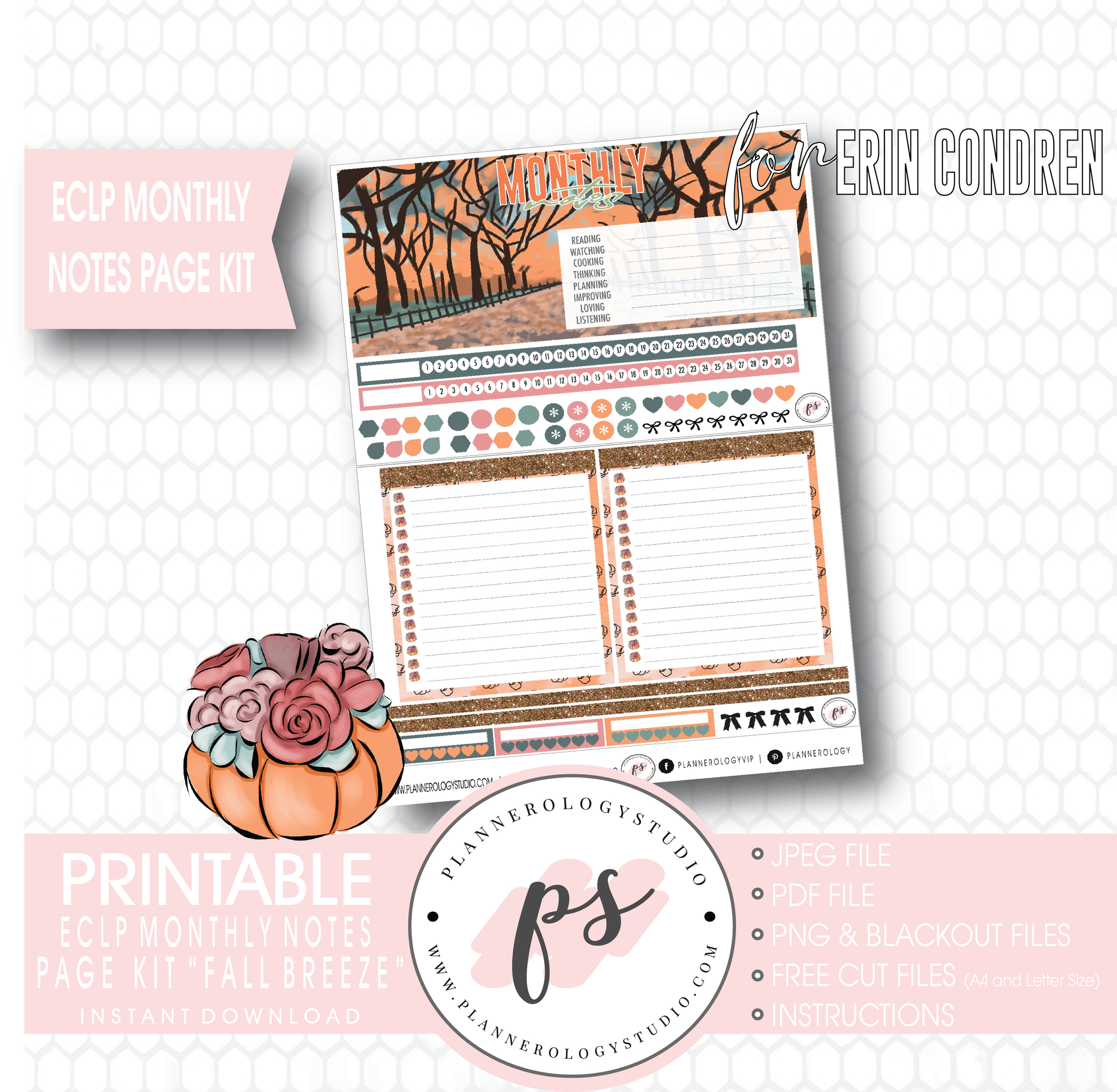 Fall Breeze Monthly Notes Page Kit Digital Printable Planner Stickers (for use with Erin Condren) - Plannerologystudio