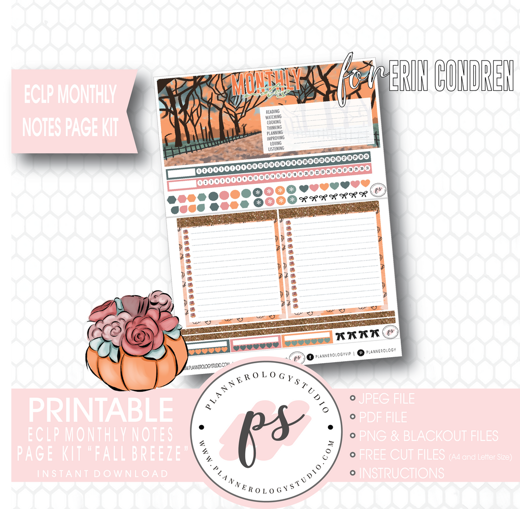Fall Breeze Monthly Notes Page Kit Digital Printable Planner Stickers (for use with Erin Condren) - Plannerologystudio
