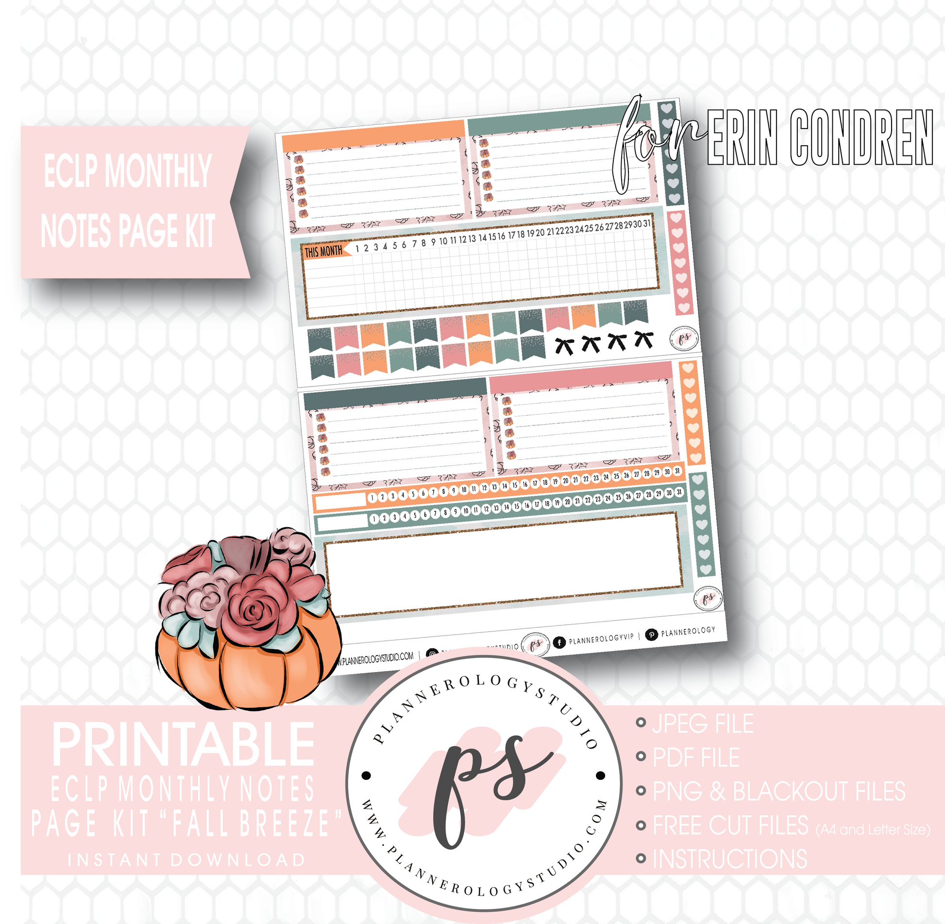 Fall Breeze Monthly Notes Page Kit Digital Printable Planner Stickers (for use with Erin Condren) - Plannerologystudio