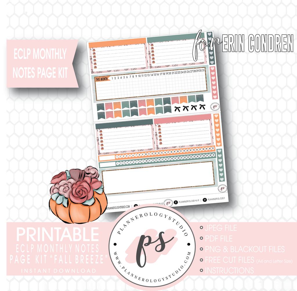 Fall Breeze Monthly Notes Page Kit Digital Printable Planner Stickers (for use with Erin Condren) - Plannerologystudio