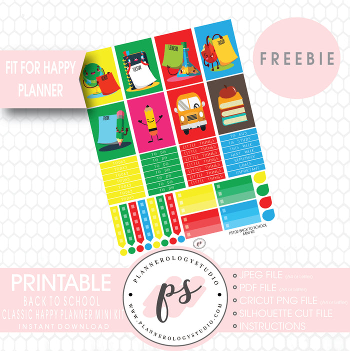 Back to School Mini Kit Printable Planner Stickers (for use with Mambi Classic Happy Planner) (Freebie) - Plannerologystudio