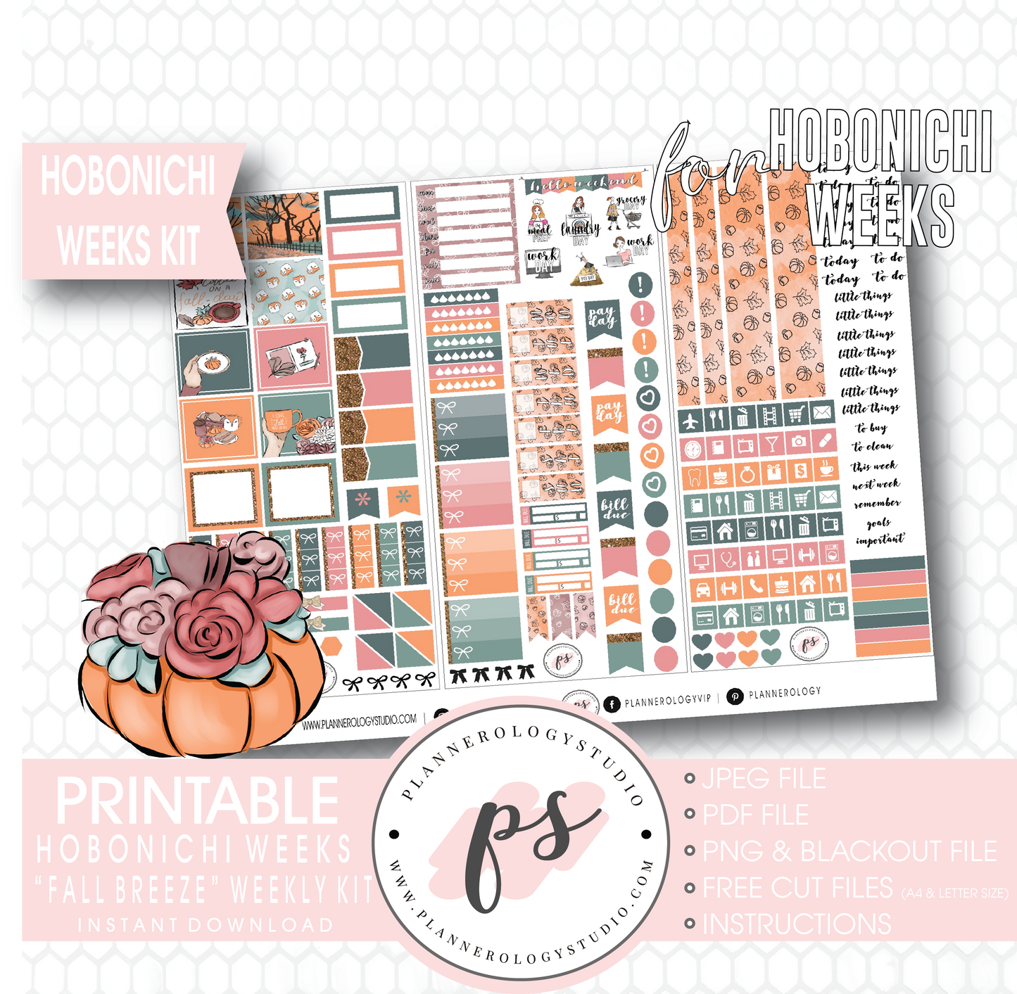 Fall Breeze Weekly Kit Printable Digital Planner Stickers (for use with Hobonichi Weeks) - Plannerologystudio