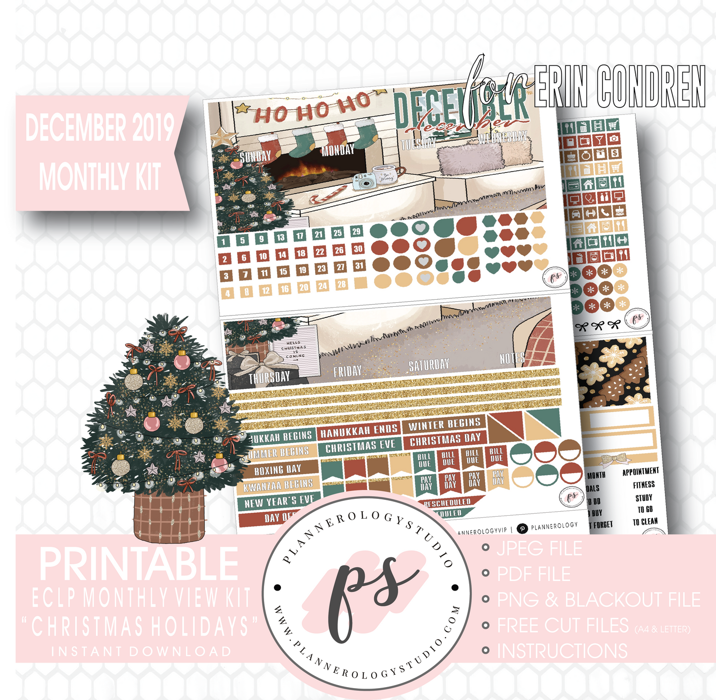 Christmas Holidays December 2019 Monthly View Kit Digital Printable Planner Stickers (for use with Erin Condren) - Plannerologystudio